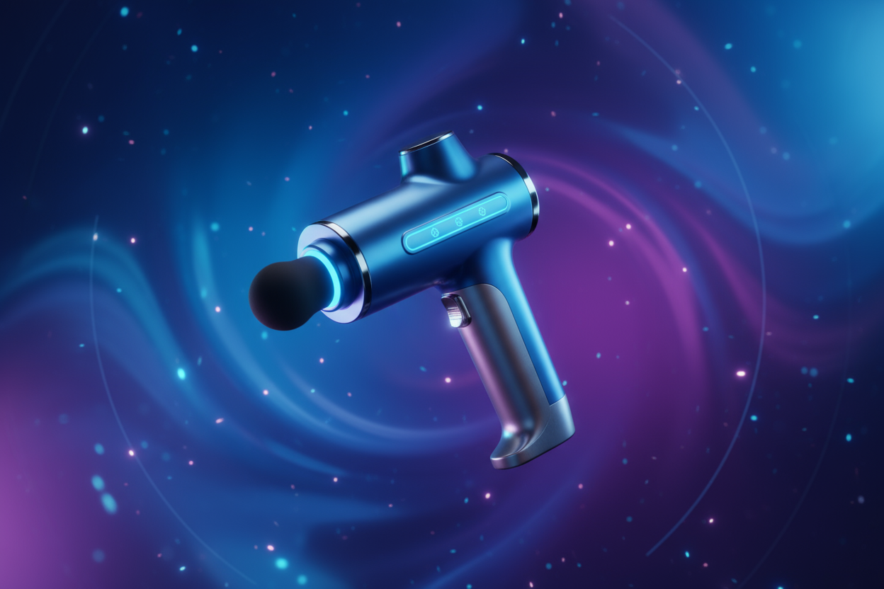 A futuristic 3D icon of a small ergonomic massage gun in a glowing blue and purple background, representing compact and easy-to-use design.