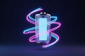 A glowing 3D battery icon with energy waves in blue and purple neon, representing long-lasting, efficient power.