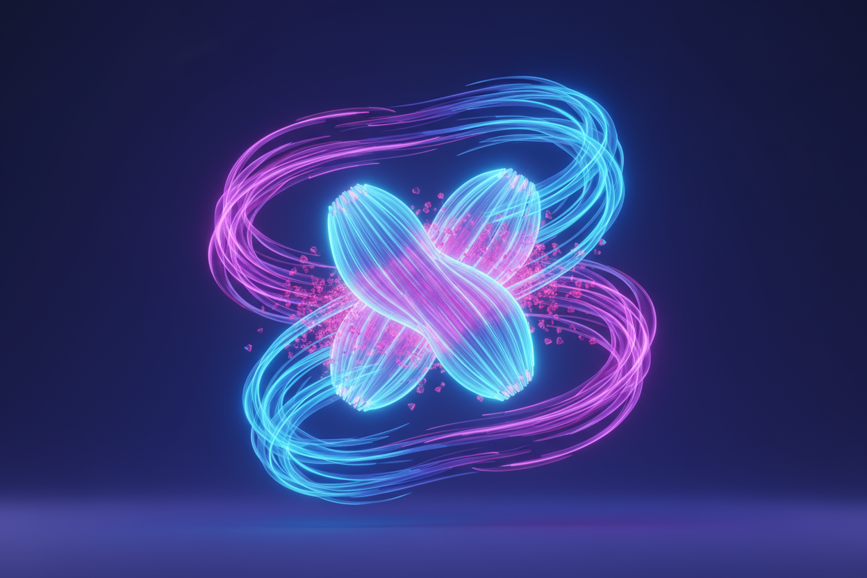 A glowing futuristic 3D icon of muscle fibers surrounded by blue and purple energy waves, symbolizing recovery and relief from lactic acid build-up. Neon effect, clean background.



