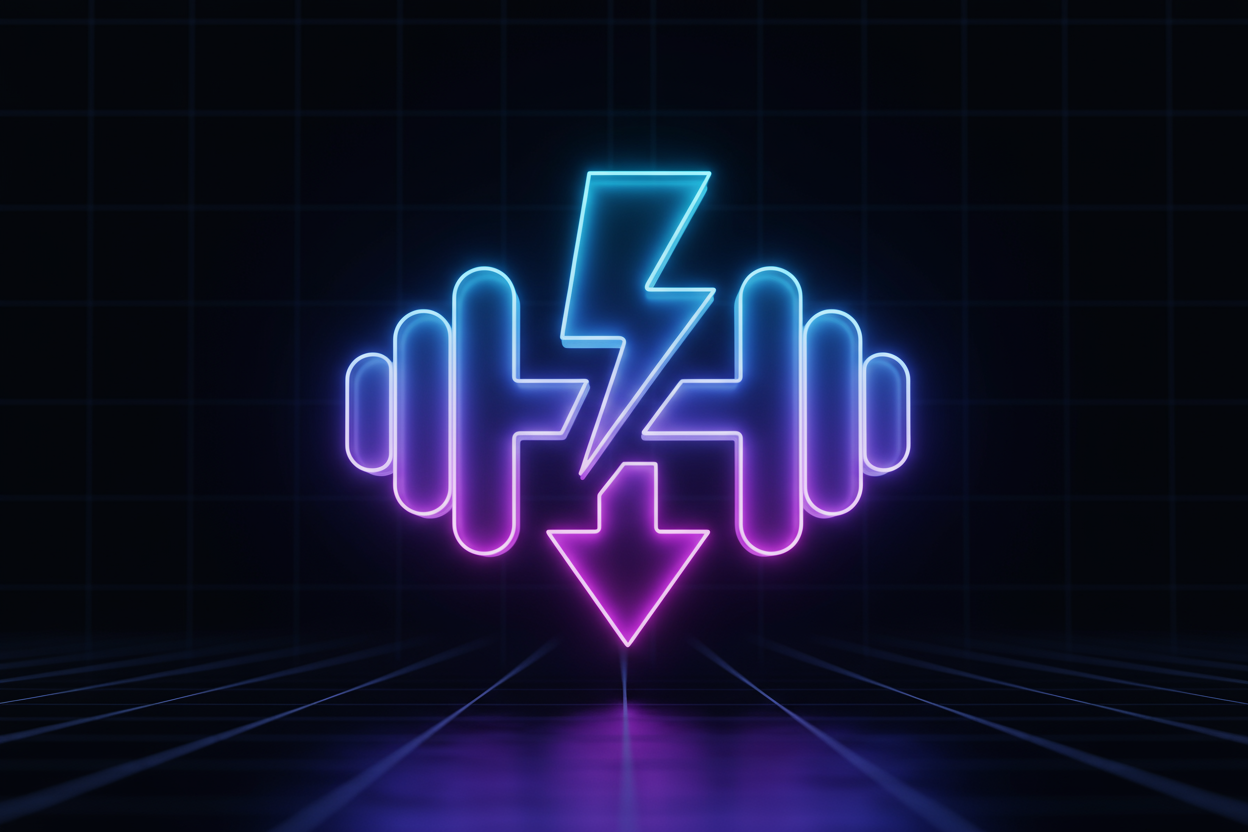A minimal futuristic icon of a lightning bolt combined with a dumbbell, symbolizing faster muscle recovery after workouts — glowing blue and purple neon colors, 3D style.