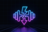 A minimal futuristic icon of a lightning bolt combined with a dumbbell, symbolizing faster muscle recovery after workouts — glowing blue and purple neon colors, 3D style.