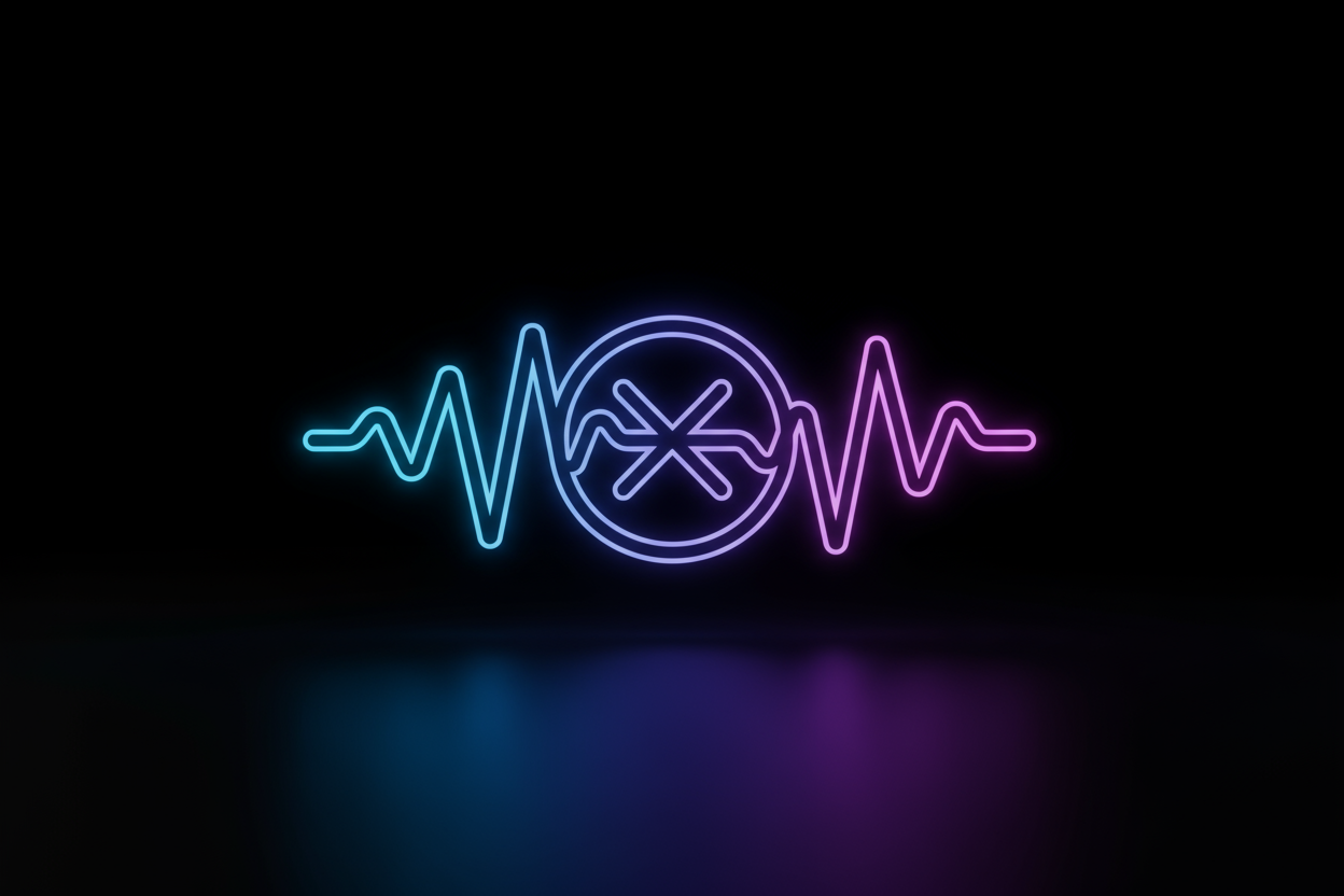 A minimal futuristic icon of a sound wave with a mute symbol, representing ultra-quiet operation and peaceful relaxation — glowing blue and purple neon colors, 3D style. black background