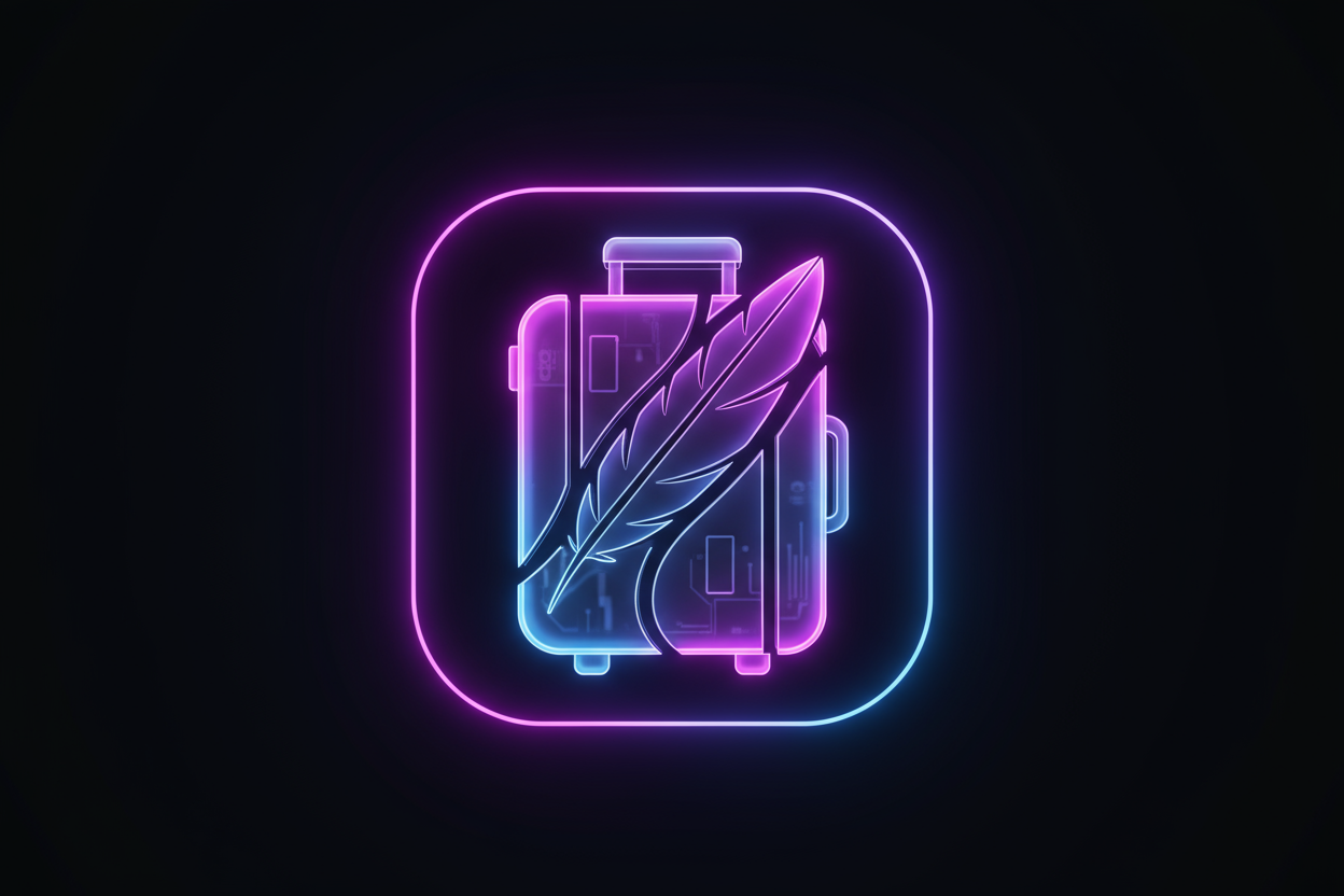 Create a futuristic glowing 3D icon that represents lightness and portability.  
Use a sleek, luxury tech aesthetic with neon purple and blue glow.  
Design: a minimal suitcase or feather symbolizing lightweight design.  
Background: dark black gradient to match a luxury Shopify store layout.  
Style: realistic lighting, premium depth, clean lines, neon edges.  
Aspect ratio 1:1.