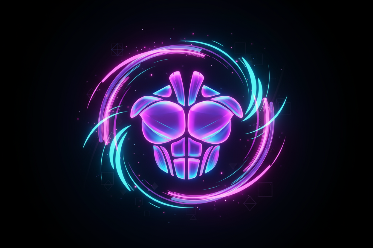 Create a glowing futuristic 3D icon symbolizing muscle recovery or post-workout healing.  
Use neon purple and blue tones, matching a luxury product theme.  
Include abstract shapes like muscles, waves, or motion lines showing energy recovery.  
Background: dark black gradient.  
Style: modern, premium, slightly tech-inspired.  
Aspect ratio 1:1.