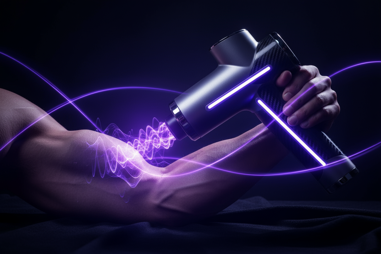 realistic image of a muscular arm being massaged by a futuristic massage gun, showing muscle relaxation, dark background, futuristic lighting, neon purple and blue glow, high detail, cinematic light reflections, 1:1 ratio
